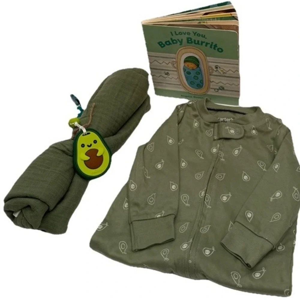 New Unisex Avocado Baby Shower Theme Gift, Avocado PJ's, Book, Teether & Blanket